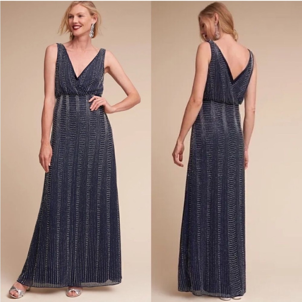 Anthropologie BHLDN Beaded Muse Dress Gown in Navy Size 8 NWT